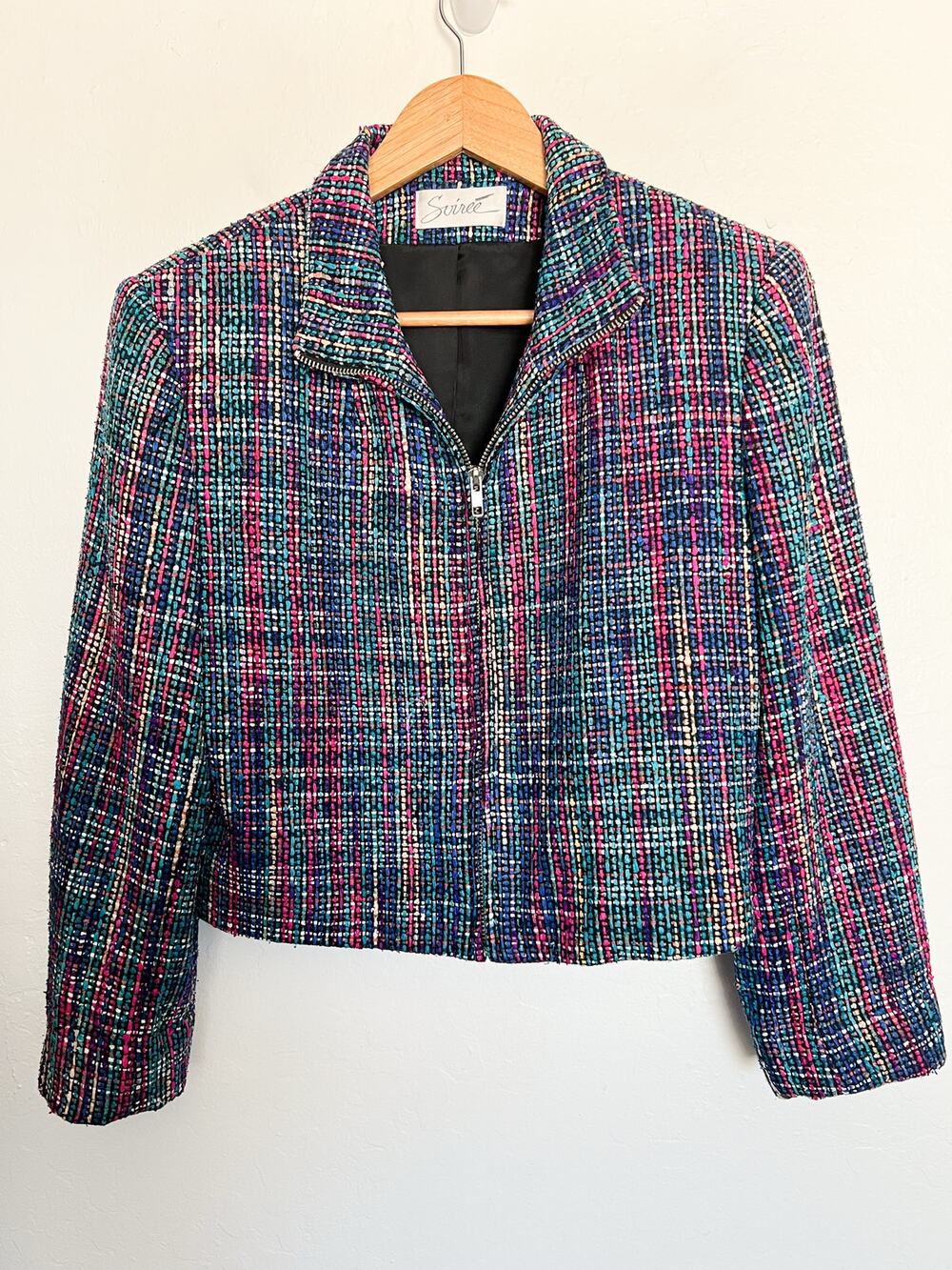 VTG Soiree Blazer Jacket Small Handwoven Silk Zipper Tweed Multi Color 90s Blue